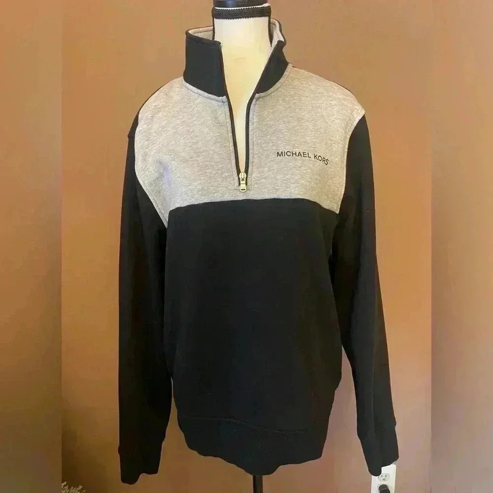 Michael Kors 1/4 Zip Grey and Black Pullover Jacket Sweatshirt Size Large